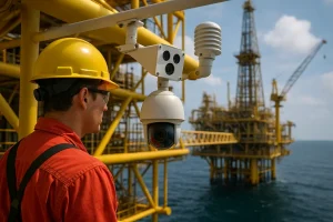 Hệ thống giám sát an toàn với camera AI và cảm biến IoT trên giàn khoan.