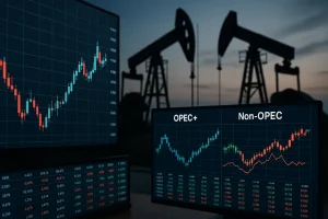 Hình ảnh mô tả thị trường dầu mỏ quốc tế với sự cạnh tranh giữ OPEC+ và Non-OPEC.