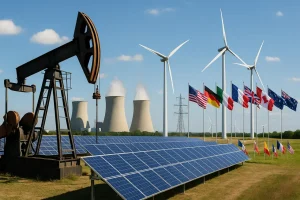 Quang cảnh thế giới với các nguồn năng lượng truyền thống và tái tạo.