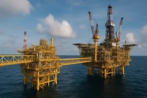 Cơ sở khai thác dầu khí với các giàn khoan hiện đại.