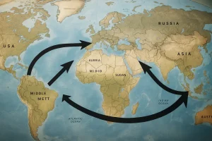 Map showing the shift of oil supply from the Middle East and Russia to Asia.