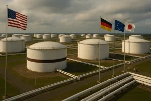 Bức hình toàn cảnh của các kho dự trữ dầu trên toàn cầu với biển và cảnh quan công nghệ cao.