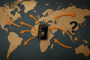 Bản đồ thế giới với biểu tượng dầu mỏ và dấu chấm hỏi về gián đoạn kinh tế.