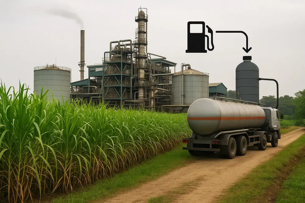 Nhà máy ethanol tại Ấn Độ với tầm nhìn bao quát cả cánh đồng mía.