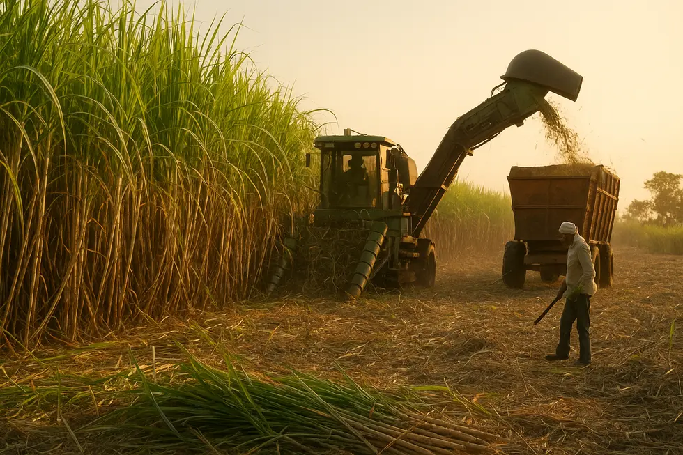 Nhà máy ethanol tại Ấn Độ với tầm nhìn bao quát cả cánh đồng mía.