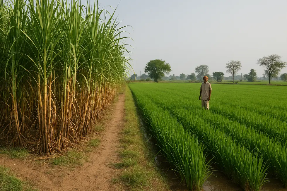 Nhà máy ethanol tại Ấn Độ với tầm nhìn bao quát cả cánh đồng mía.