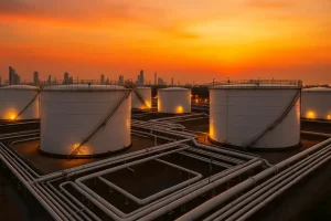Các bồn chứa dầu lớn phản chiếu ánh sáng hoàng hôn, tượng trưng cho căng thẳng trong nguồn cung năng lượng.