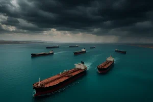 Cảnh từ trên cao của Eo biển Hormuz với tàu chở dầu lớn.