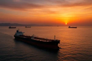 Toàn cảnh eo biển Hormuz với các tàu chở dầu lớn.
