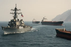 Tàu chiến phong tỏa và tàu dầu tại Hormuz.