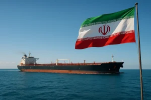 Tàu chở dầu lớn đi qua eo biển Hormuz với cờ Iran.