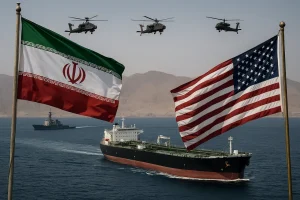 Hình ảnh toàn cảnh căng thẳng quân sự và dầu mỏ Mỹ-Iran qua eo biển Hormuz.