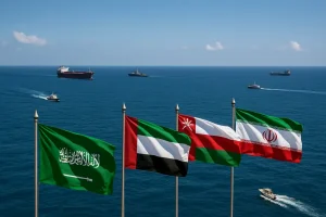 Eo biển Hormuz nhộn nhịp với tàu thuyền và cờ quốc gia.