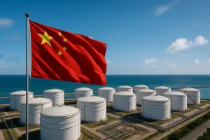 Cảnh toàn cảnh kho dầu trên bờ biển của Trung Quốc.