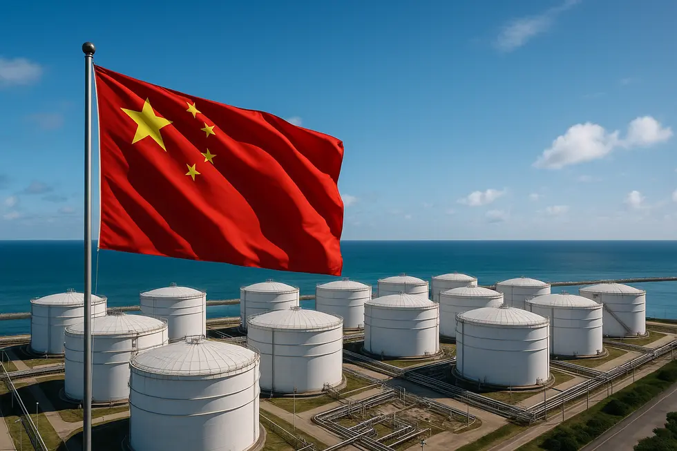 Cảnh toàn cảnh kho dầu trên bờ biển của Trung Quốc.