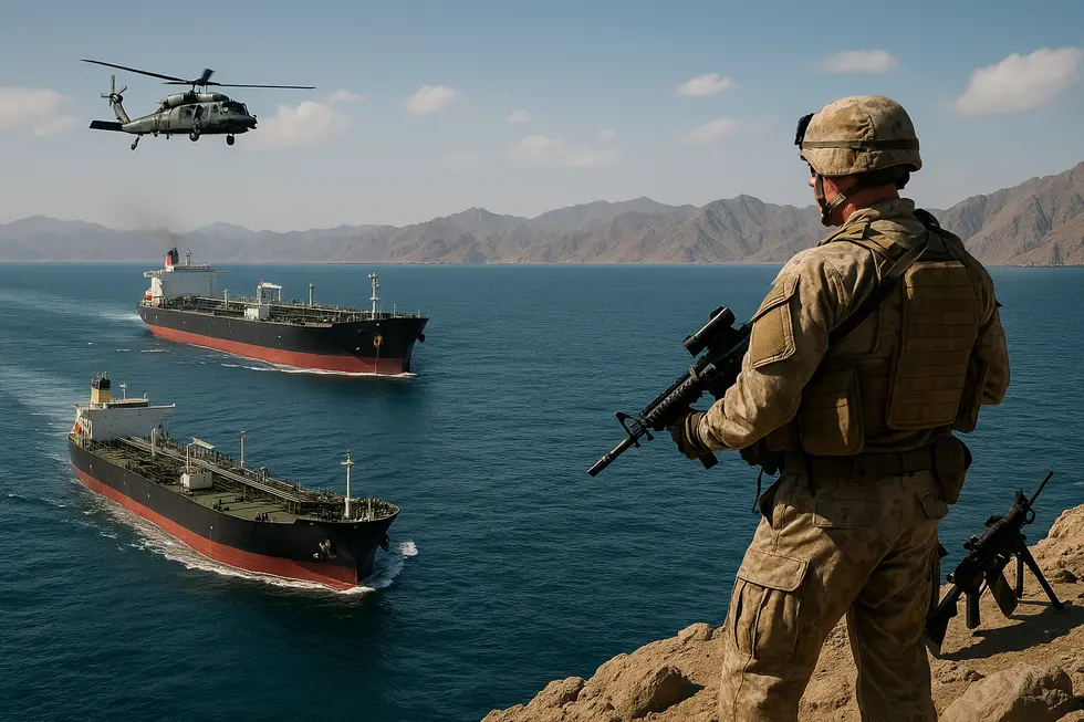 Xe tăng dầu đi qua eo biển Hormuz dưới sự giám sát quân sự.