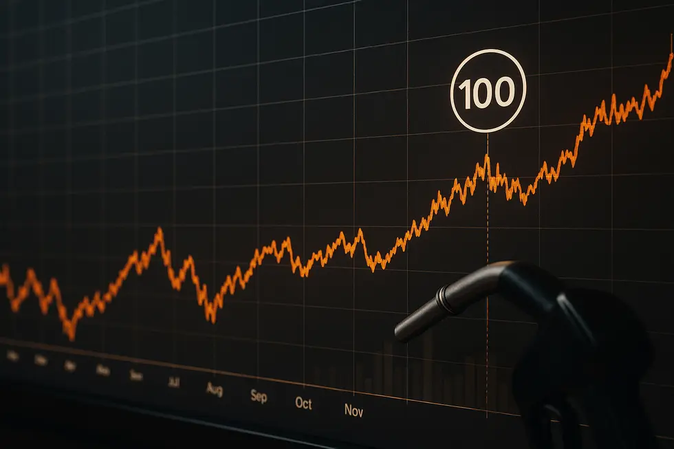 Biểu đồ thị trường giá dầu Brent tiến tới 100 USD/thùng.