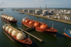 Hình ảnh cảng LNG với các tàu cập bến, thể hiện thương mại quốc tế.