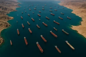 Toàn cảnh eo biển Hormuz với tàu chở dầu di chuyển tấp nập.