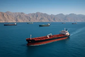 Toàn cảnh eo biển Hormuz với tàu chở dầu và núi non bao quanh.