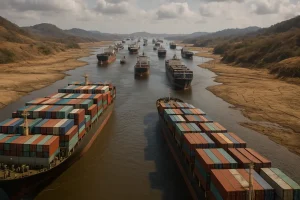 Cảnh kênh đào Panama với tàu chờ nhau trong tình trạng tắc nghẽn