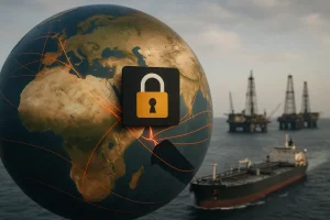 Hình ảnh tổng quan thị trường dầu với eo biển Hormuz bị khóa.