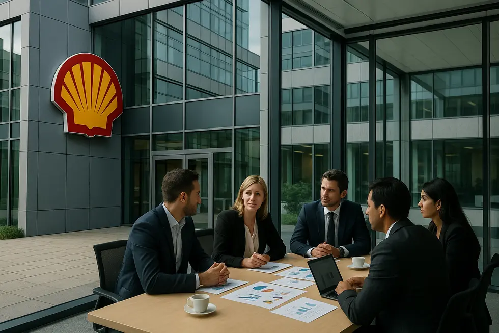 Hình ảnh trụ sở Shell và buổi họp quan trọng.
