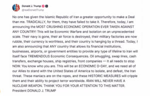Bài post trên nền tảng X của Tổng thống Donal Trump về việc đe họa trừng phạt kinh tế tàn khốc đối với Iran