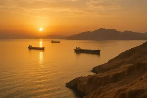 Khung cảnh sáng sớm của eo biển Hormuz với các tàu dầu dưới ánh mặt trời mọc.