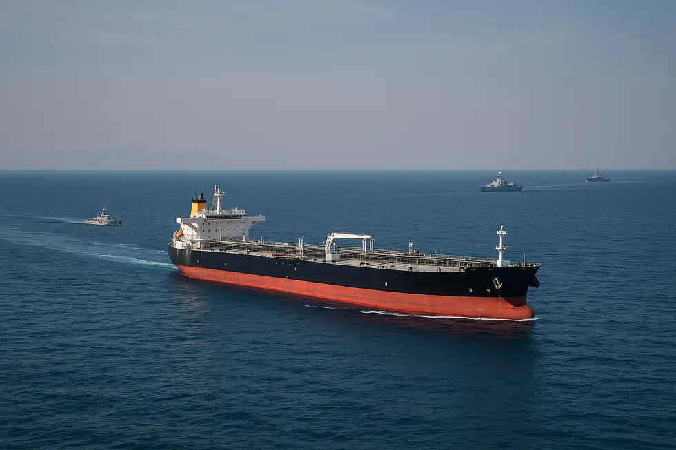 Tàu chở dầu đi qua Eo biển Hormuz dưới sự giám sát của tàu quân sự.