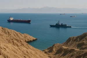 Toàn cảnh eo biển Hormuz với tàu thuyền thương mại và quân sự.