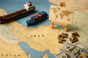 Tổng quan về các hoạt động kinh tế của Iran với tàu dầu, bản đồ thương mại và ký hiệu tài chính.