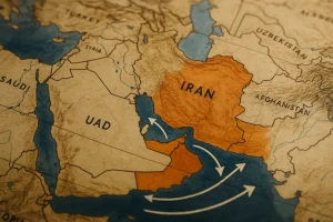 Bản đồ khu vực Trung Đông với UAE và Iran, hiển thị các tuyến thương mại.