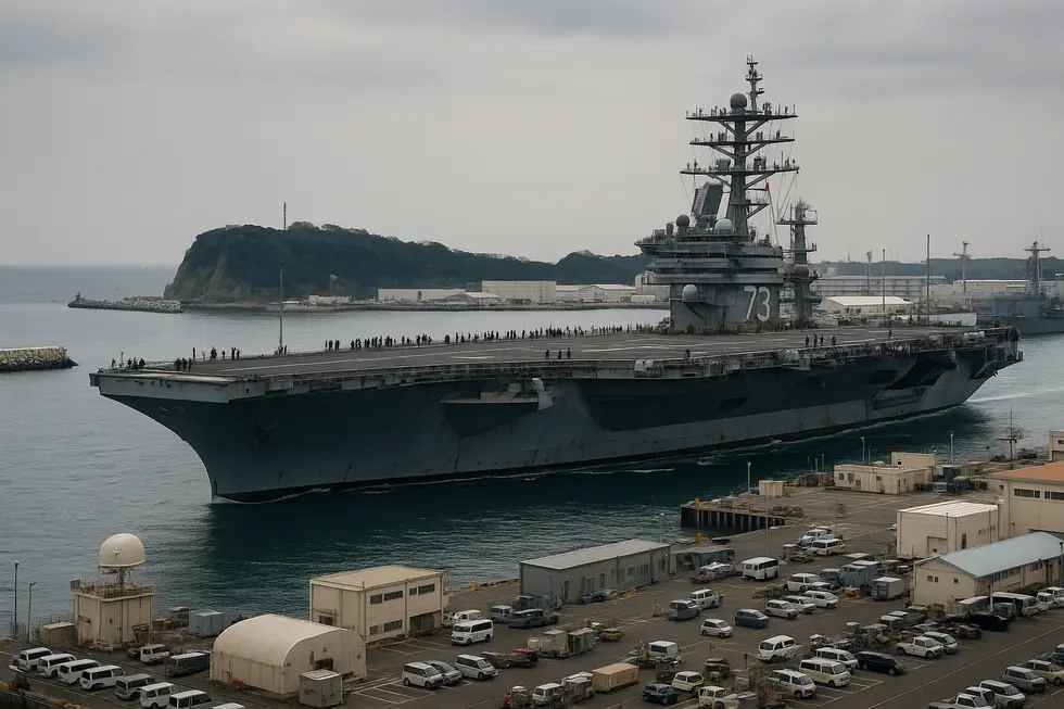 Hình ảnh tàu sân bay USS George Washington rời cảng Nhật Bản.