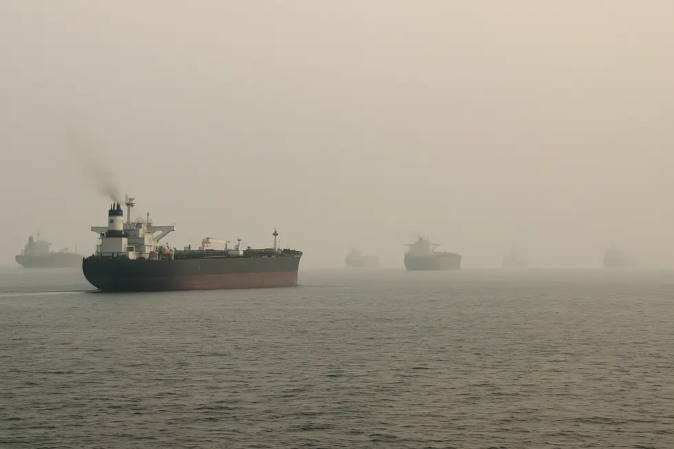 Hình ảnh toàn cảnh của eo biển Hormuz với nhiều tàu vận tải.