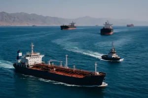 Hình ảnh rộng lớn của eo biển Hormuz với tàu thuyền di chuyển.