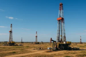 Toàn cảnh mỏ dầu với giàn khoan ở Venezuela.