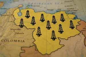 Bản đồ Venezuela cùng biểu tượng dầu mỏ phân bố quanh quốc gia.