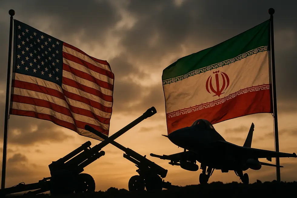 Cảnh căng thẳng giữa cờ Mỹ và Iran với biểu tượng quân sự.