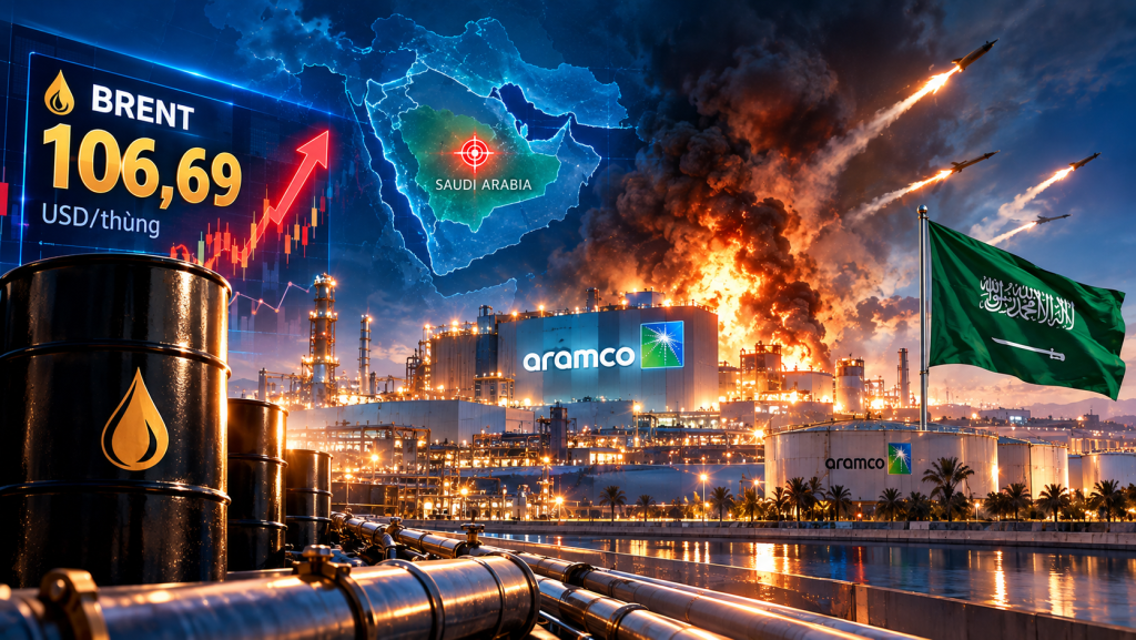 Giá dầu hôm nay 14/10/2026: Brent vọt lên 106,69 USD/thùng khi trụ sở Saudi Aramco bị tập kích bằng tên lửa