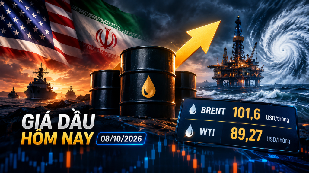 Giá dầu hôm nay 08/10/2026: Brent bật tăng lên mốc 101,6 USD/thùng, WTI đạt 89,27 USD do căng thẳng Mỹ – Iran leo thang và bão Vịnh Mexico